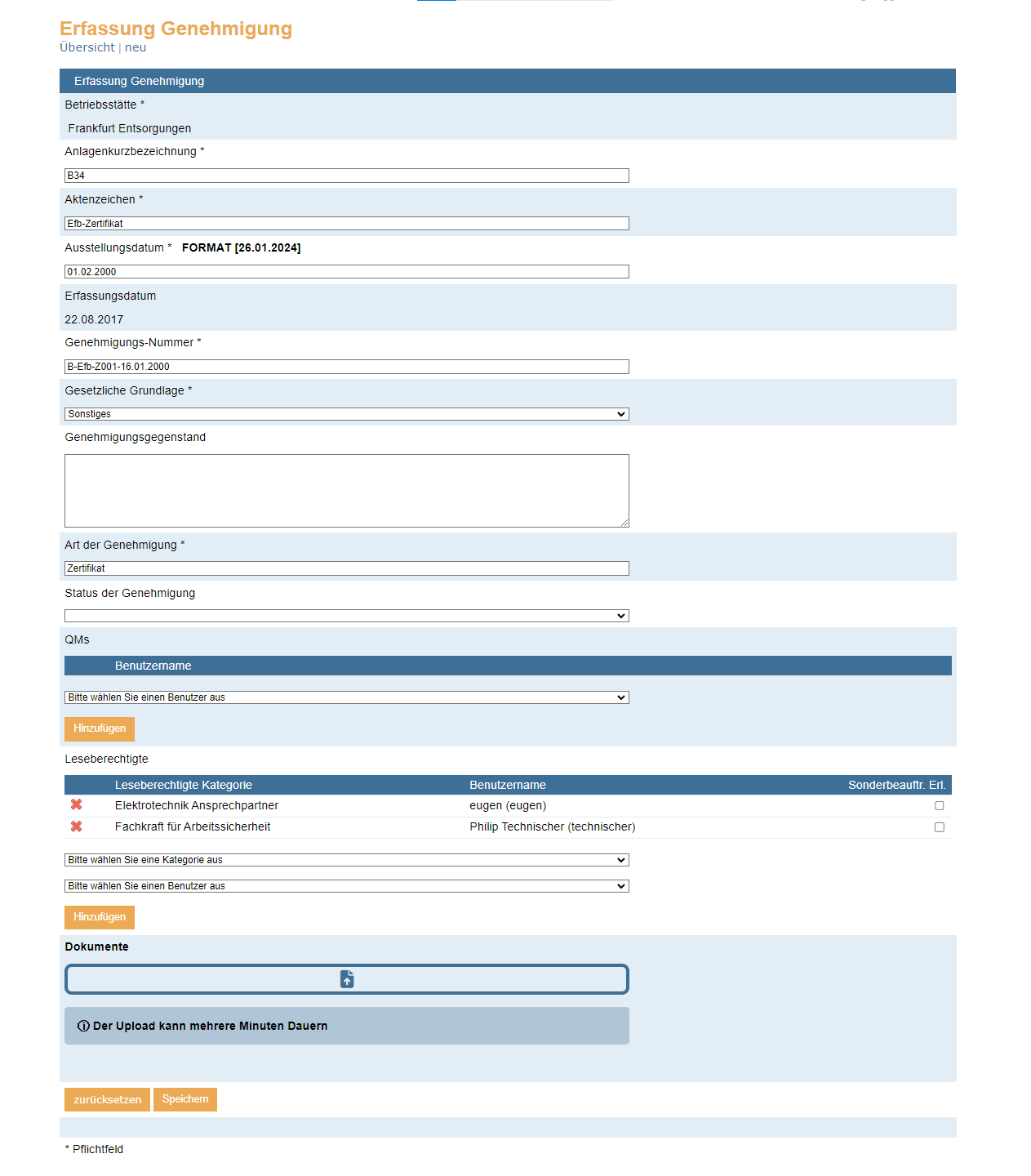 Erfassung Genehmigungen