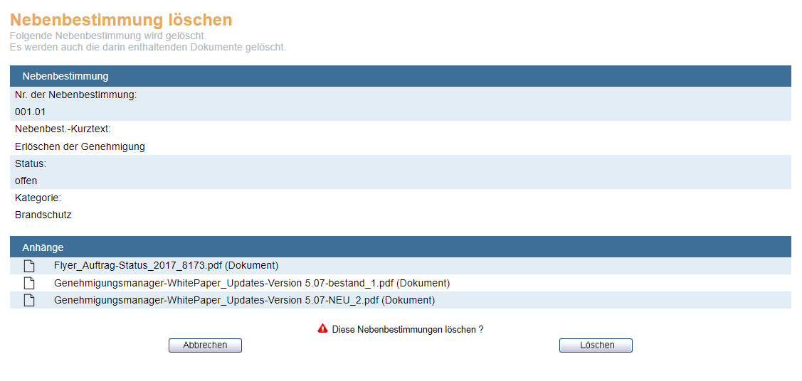 Löschen von Nebenbestimmungen
