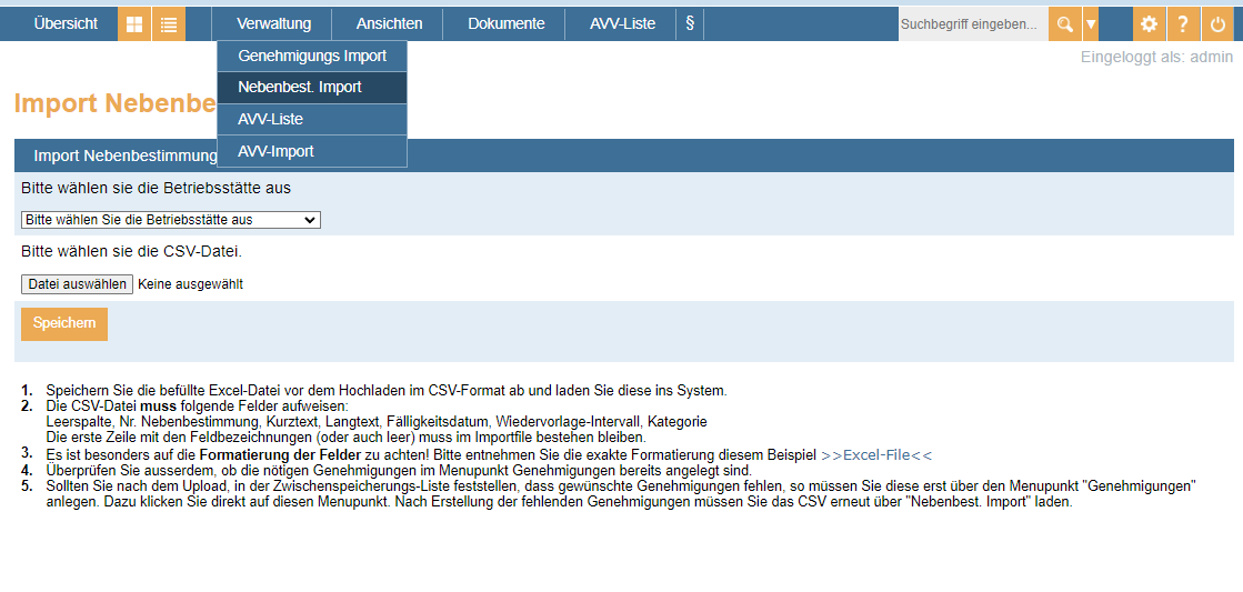 Import von Nebenbestimmungen