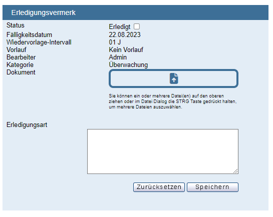 Darstellung Erledigungsvermerk