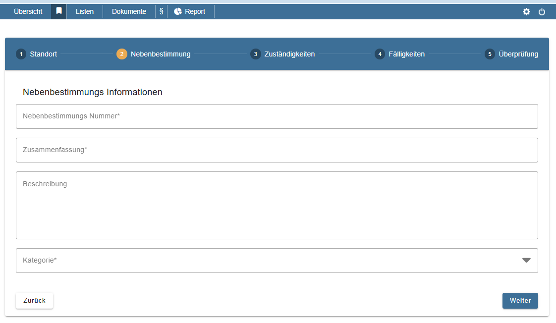 Erfassung Nebenbestimmung