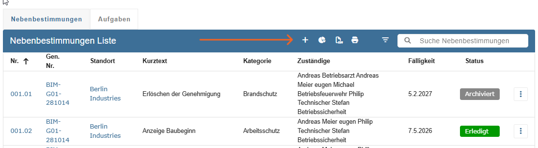 Start Nebenbestimmung Erfassung